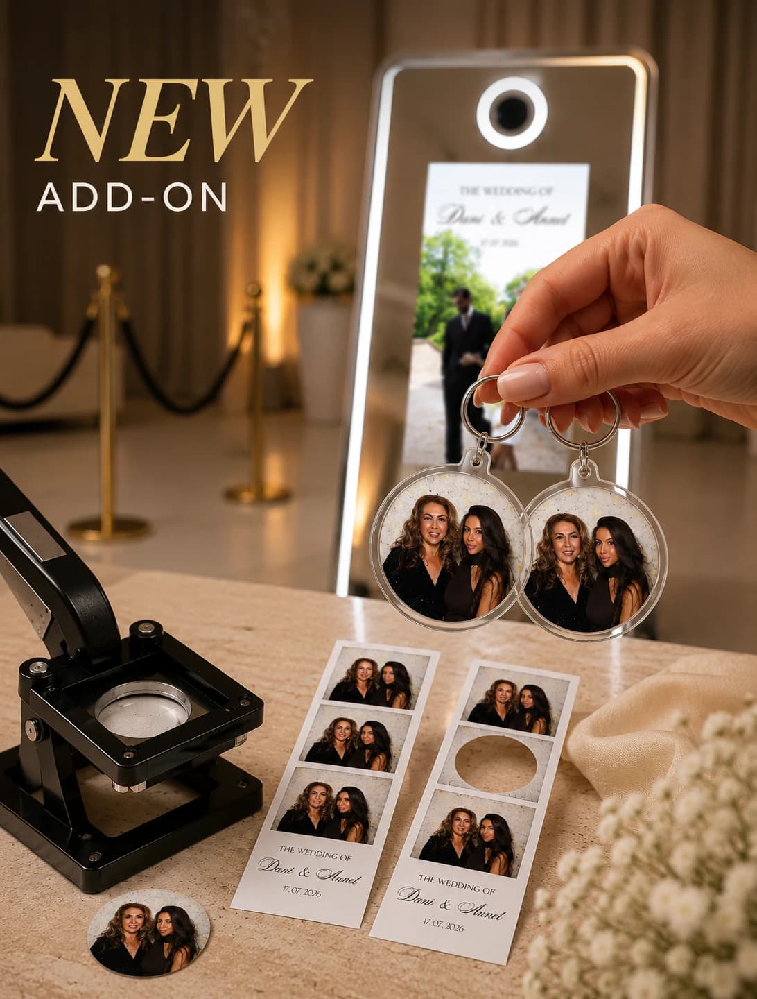 Twee ronde foto-keychains bij een Norella Mirror Photobooth en geprinte fotostrips